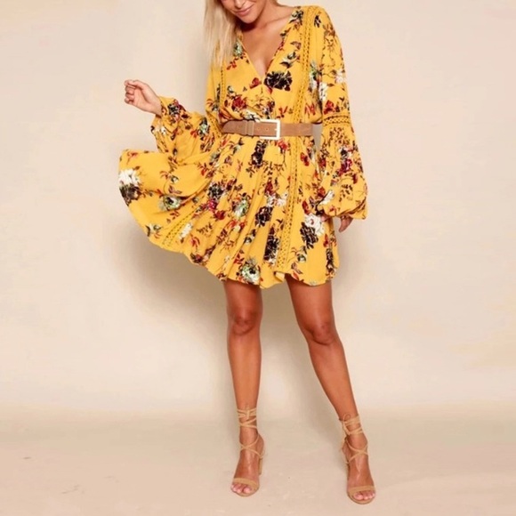 Yellow Boho Crochet Floral Long Sleeve Dress Top - Picture 3 of 7